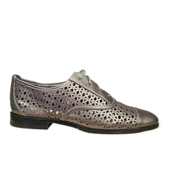 Leather Wing Tips Metallic Gray Leather Laser Cut Out Loafers Micheal Kors NEW - Picture 1 of 4